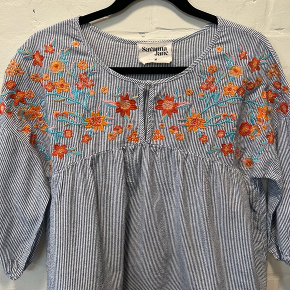 SAVANNAH JANE Embroidered Floral Boho Peasant Top Striped Blouse Size M - Picture 3 of 5